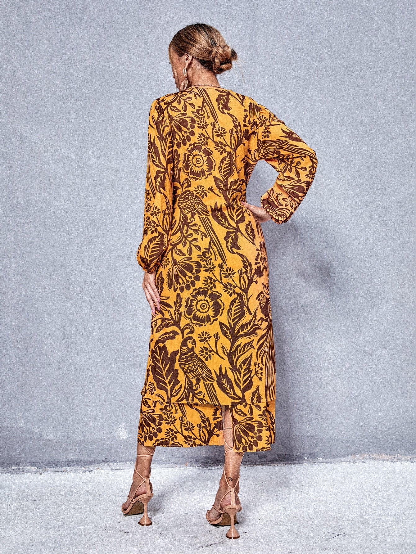 Plants Print Keyhole Neck Bishop Sleeve Tie Front Dress