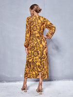 Plants Print Keyhole Neck Bishop Sleeve Tie Front Dress