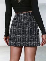 High Waist Plaid Pattern Flap Detail Tweed Skirt