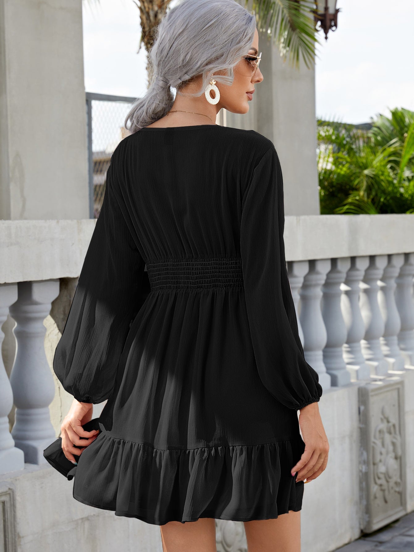 Lantern Sleeve Ruffle Hem Dress