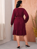 Plus Notched Lantern Sleeve Ruffle Hem Belted Dress