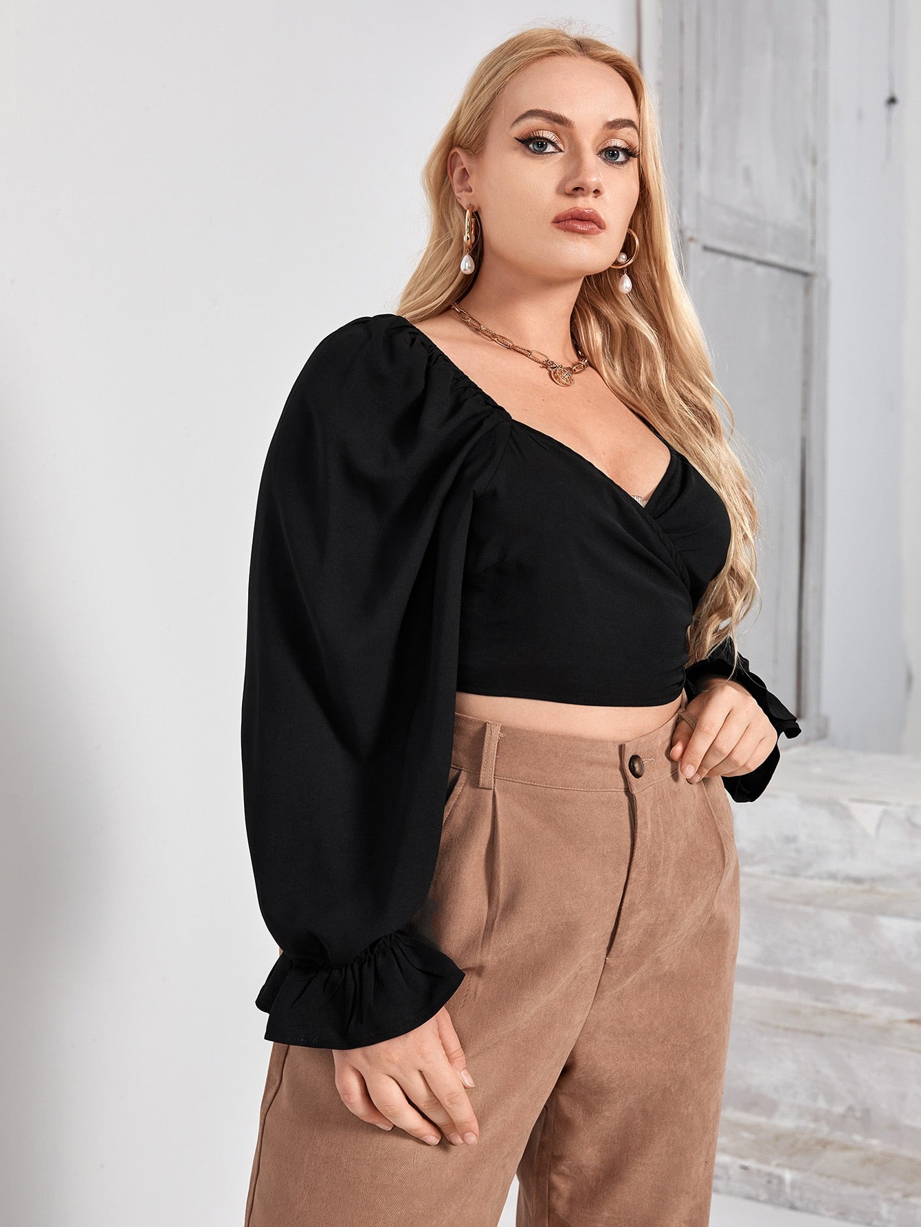 Plus Flounce Sleeve Tie Back Wrap Top