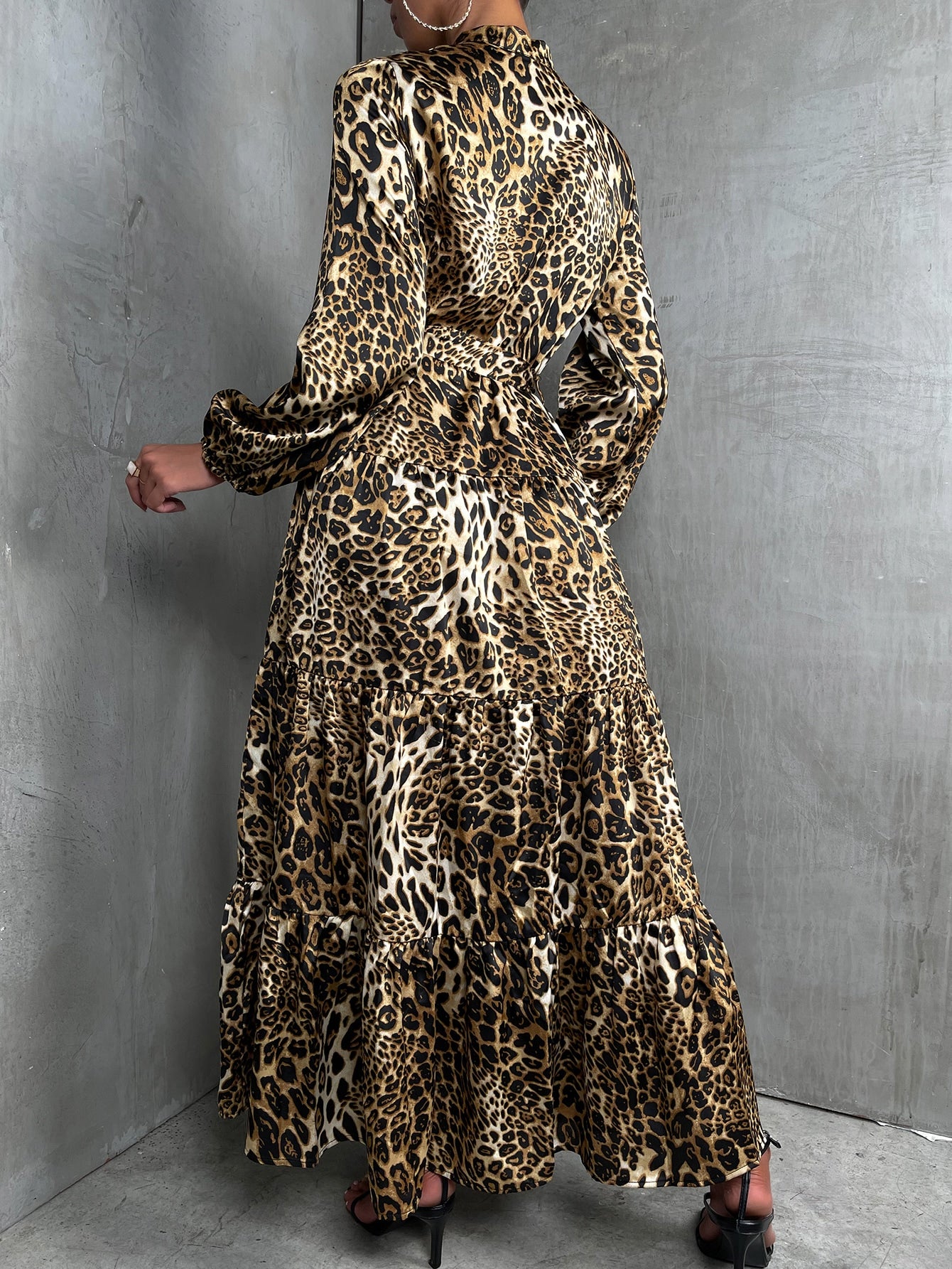 Leopard Mock Neck Lantern Sleeve Ruffle Hem Belted Dress