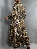 Leopard Mock Neck Lantern Sleeve Ruffle Hem Belted Dress