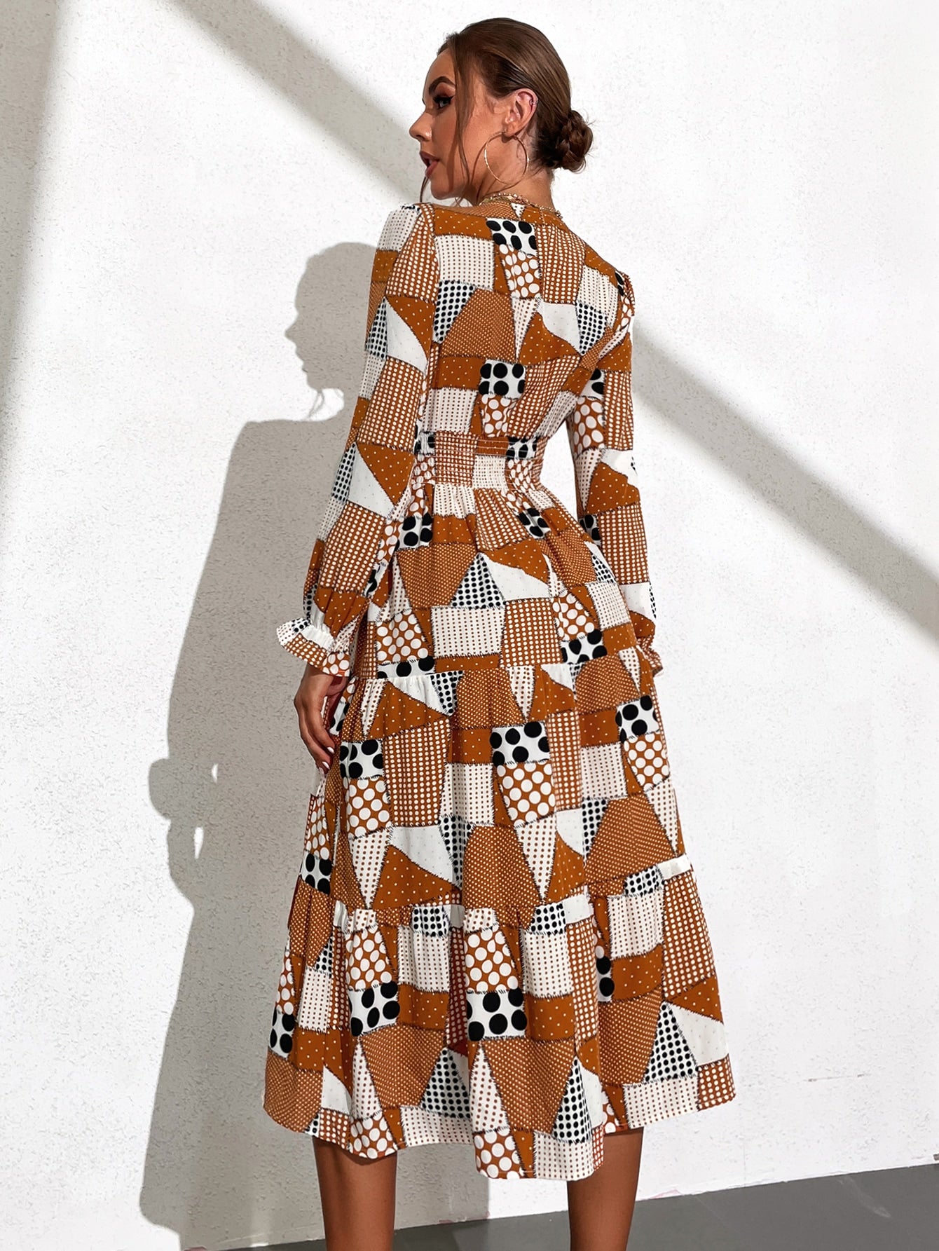 Polka Dot Geo Print Patchwork Flounce Sleeve Dress