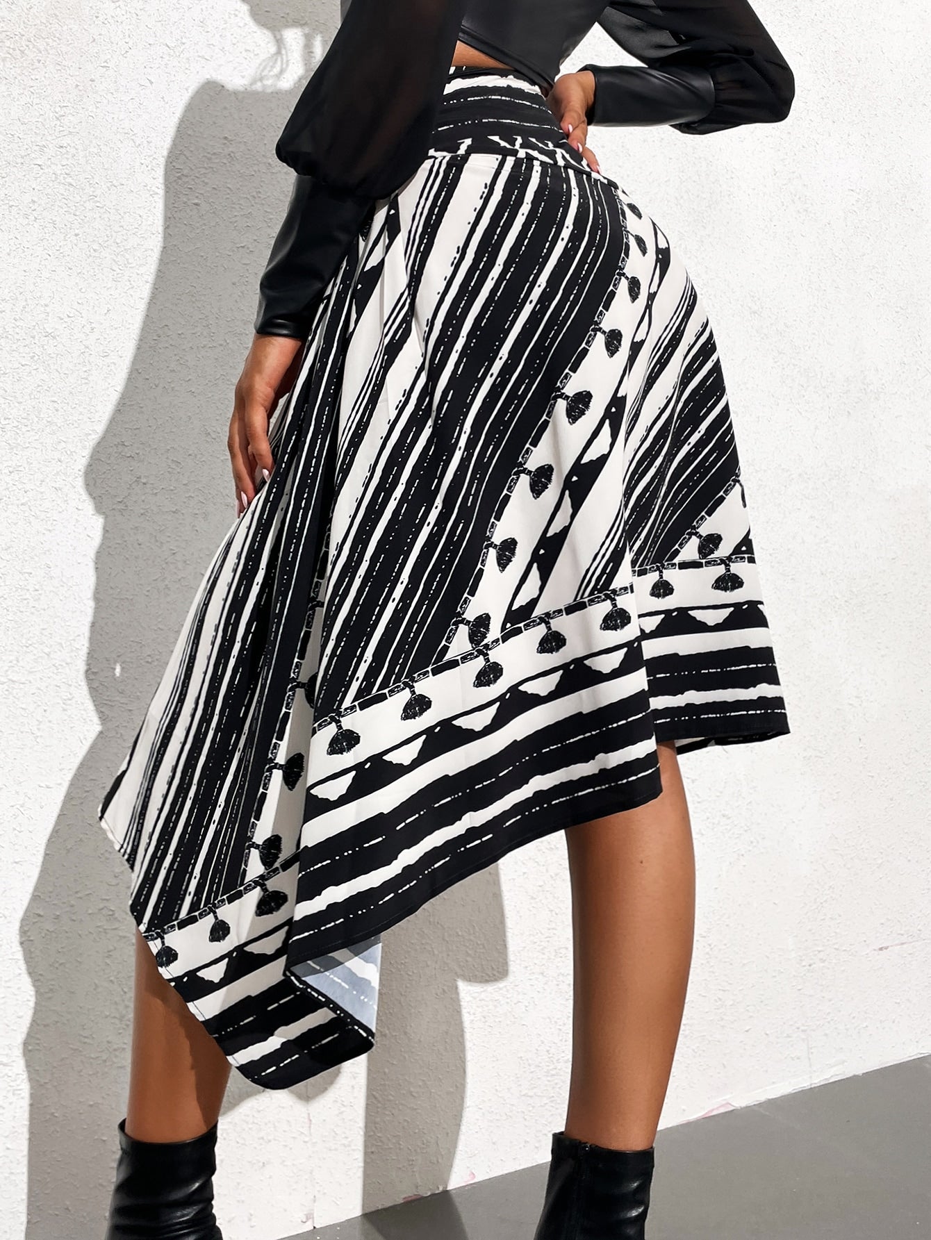 Stripe And Geo Print Asymmetrical Hem Skirt
