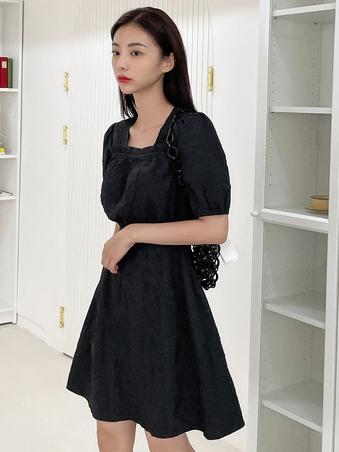 Solid Frill Trim Puff Sleeve A-line Dress