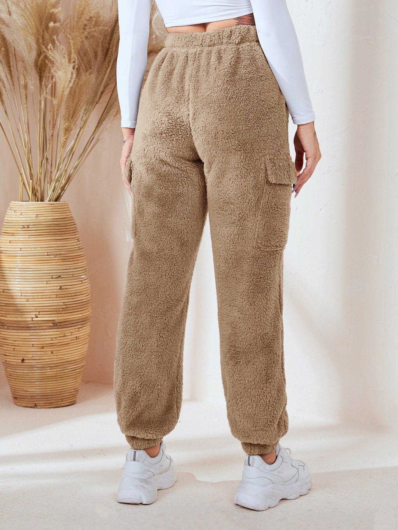 Elastic Waist Flap Pocket Teddy Pants