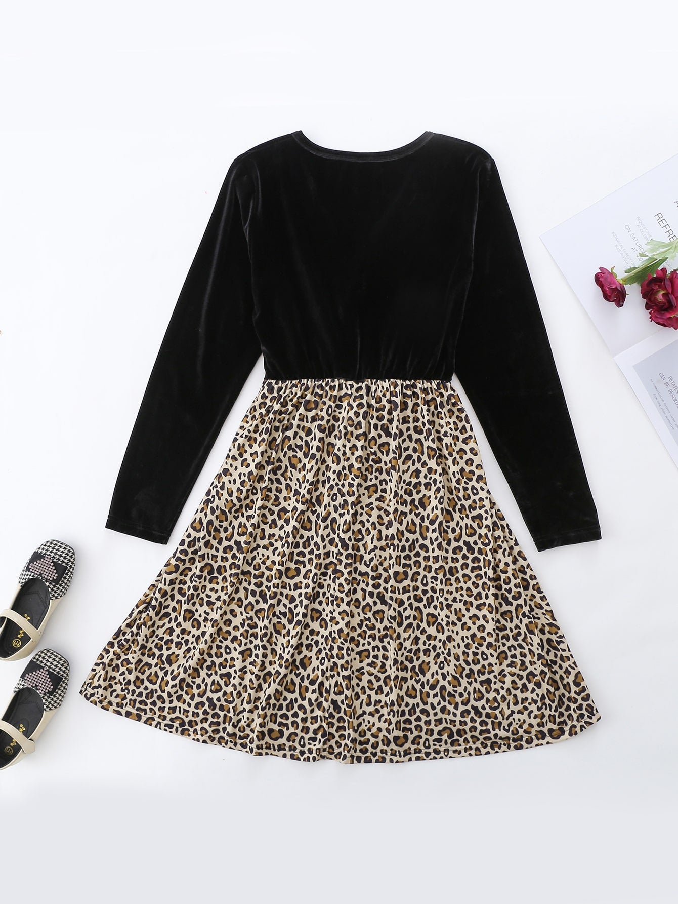 1pc Leopard Print Belted Combo Dress