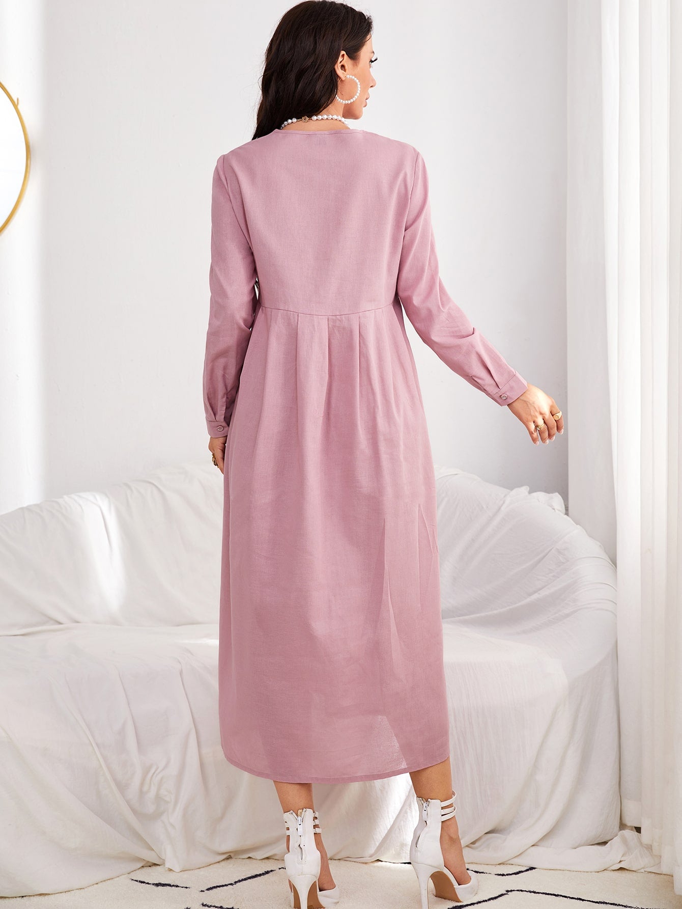 Pleated Detail Single Breasted Smock Dress