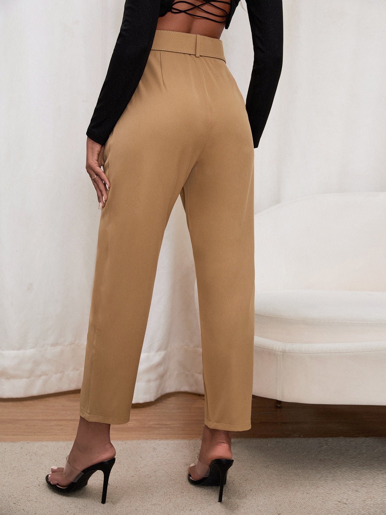 Solid Belted Crop Tailored Pants