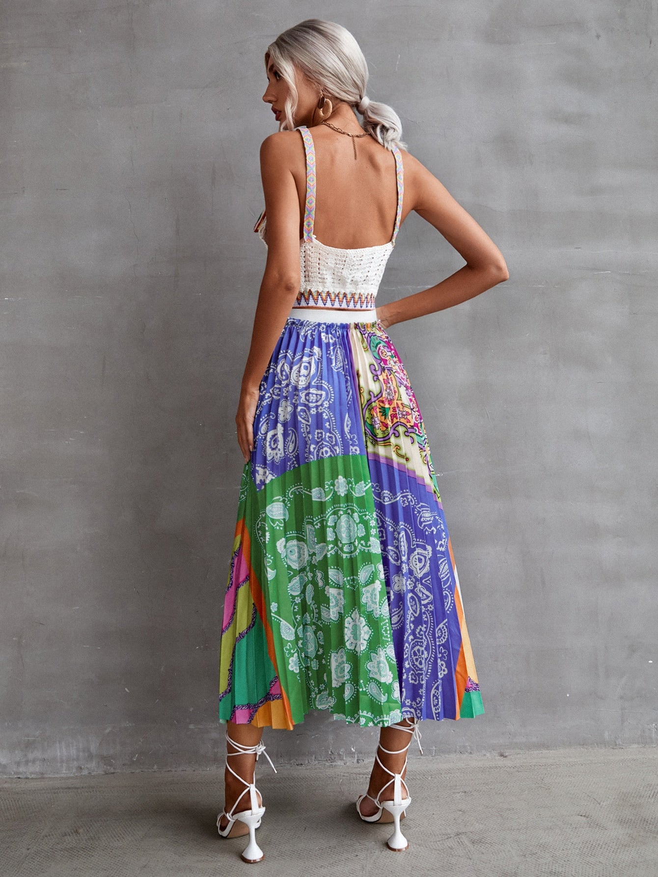 Paisley And Floral Print Color Block Pleated Skirt