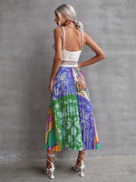 Paisley And Floral Print Color Block Pleated Skirt