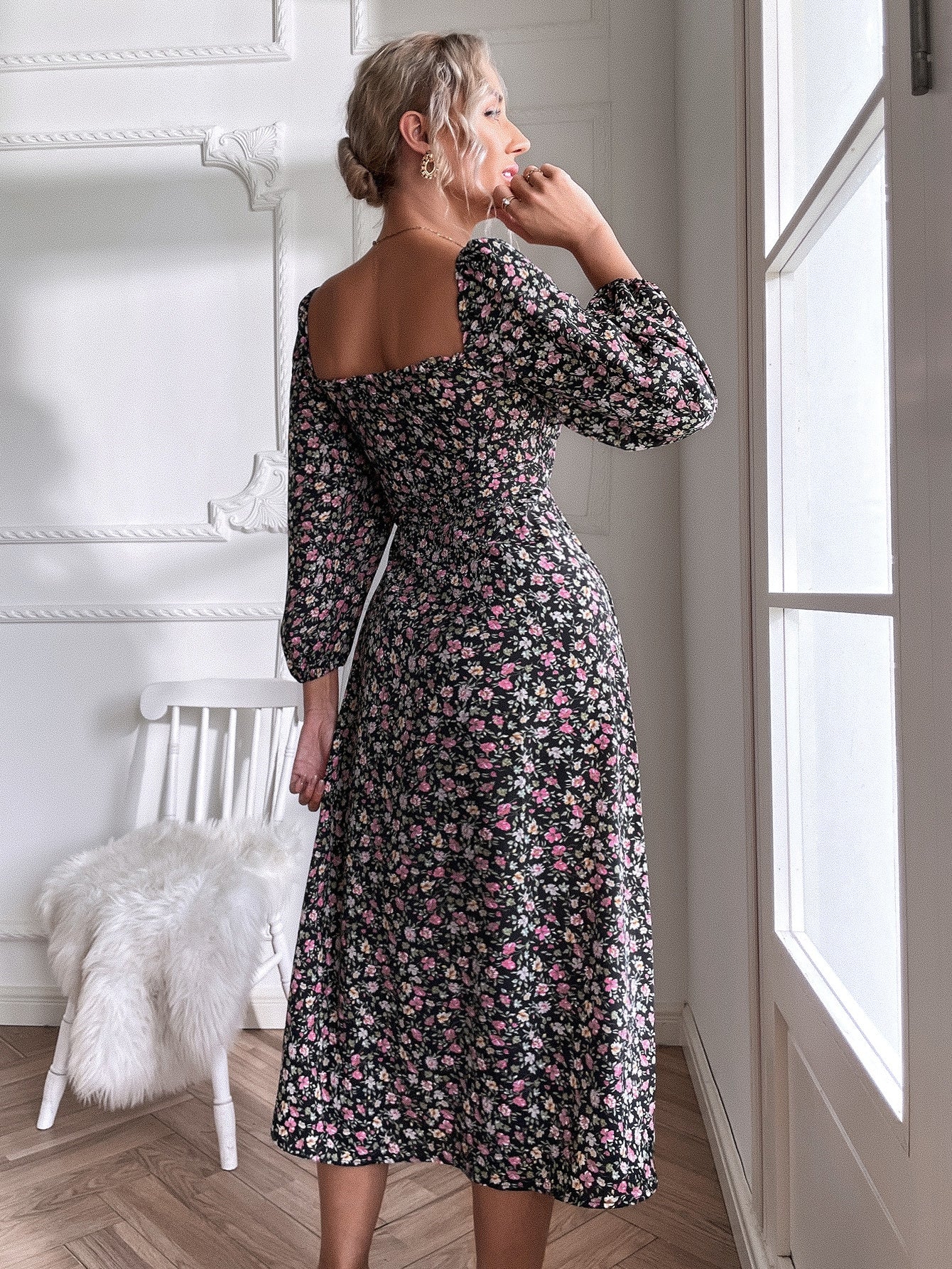 Ditsy Floral Print Square Neck Split Thigh Dress