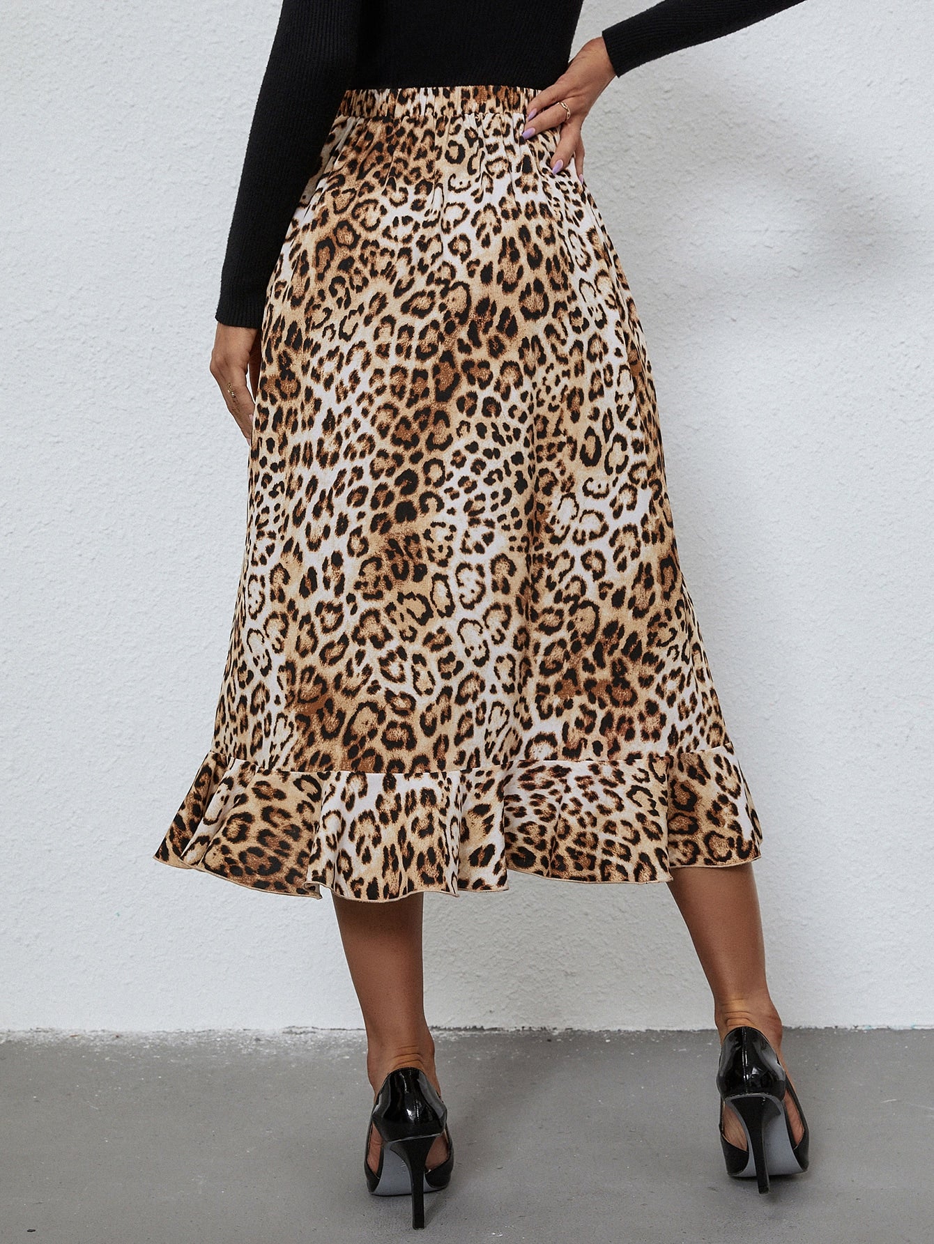 Leopard Print Ruffle Trim Wrap Skirt