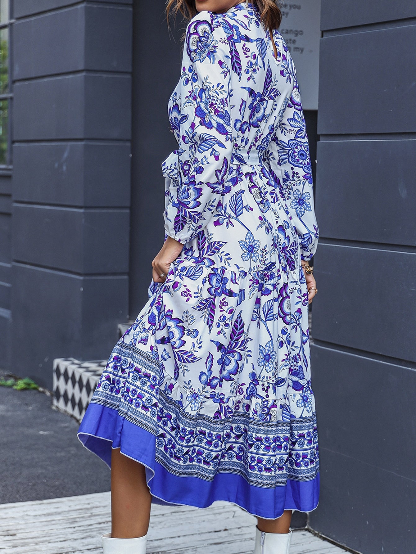 Floral Print Bishop Sleeve Ruffle Hem Mock Neck Belted Dress