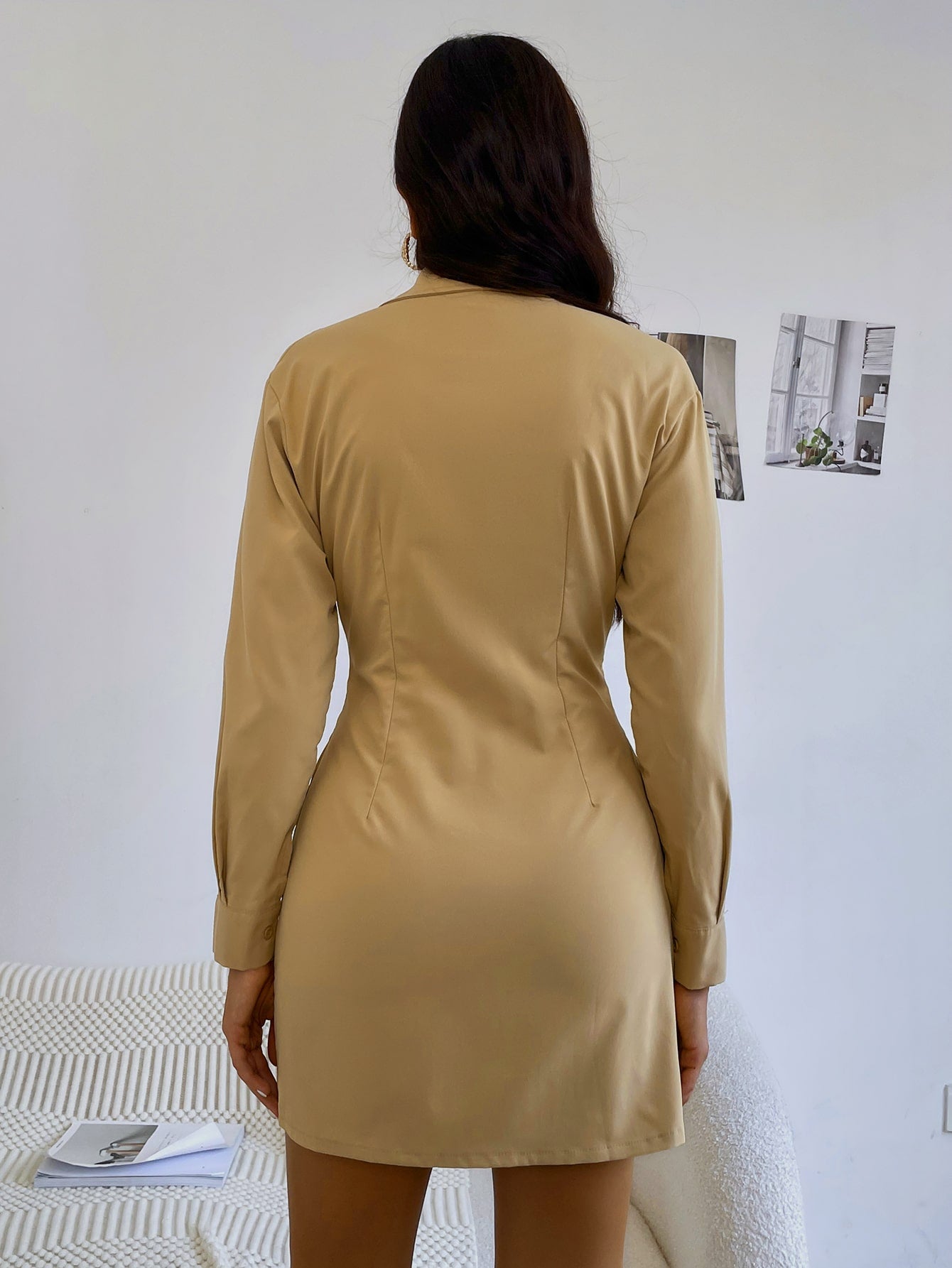 Button Through Plicated Detail Shirt Dress