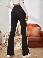 Ribbed Knit Lettuce Trim Split Hem Flare Leg Pants