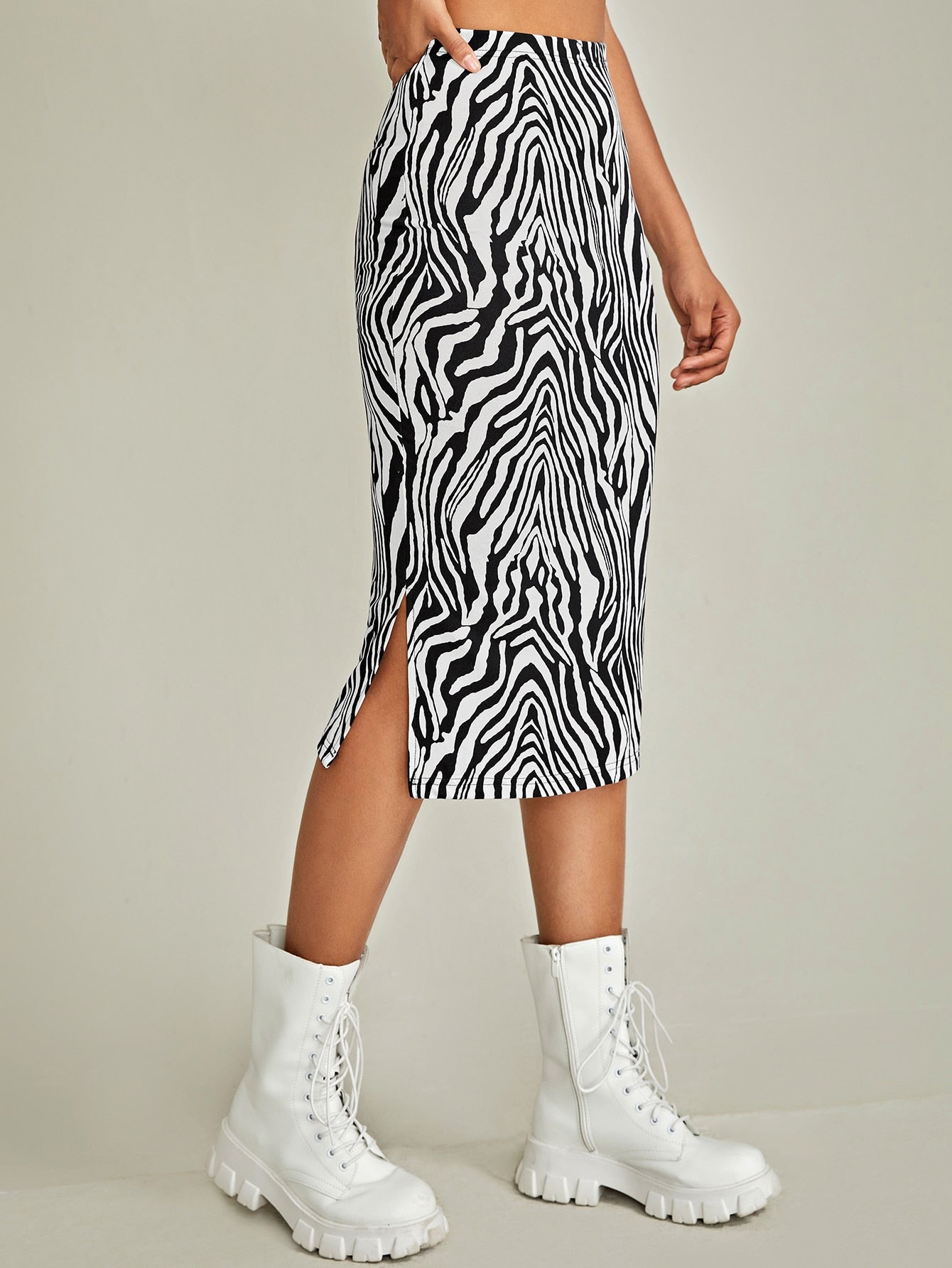 High Waist Zebra Stripe Split Hem Skirt