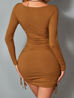 Scoop Neck Ribbed Knit Drawstring Side Ruched Bodycon Dress