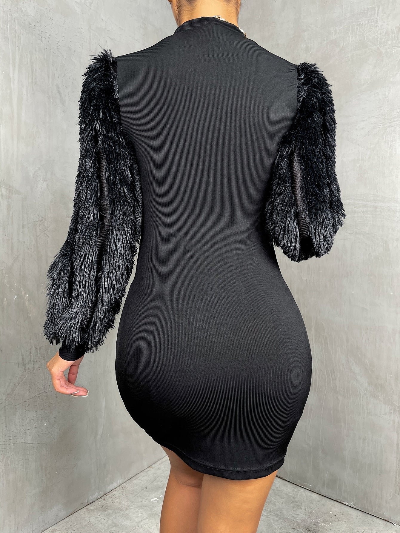 Mock Neck Fuzzy Lantern Sleeve Bodycon Dress