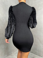 Mock Neck Fuzzy Lantern Sleeve Bodycon Dress