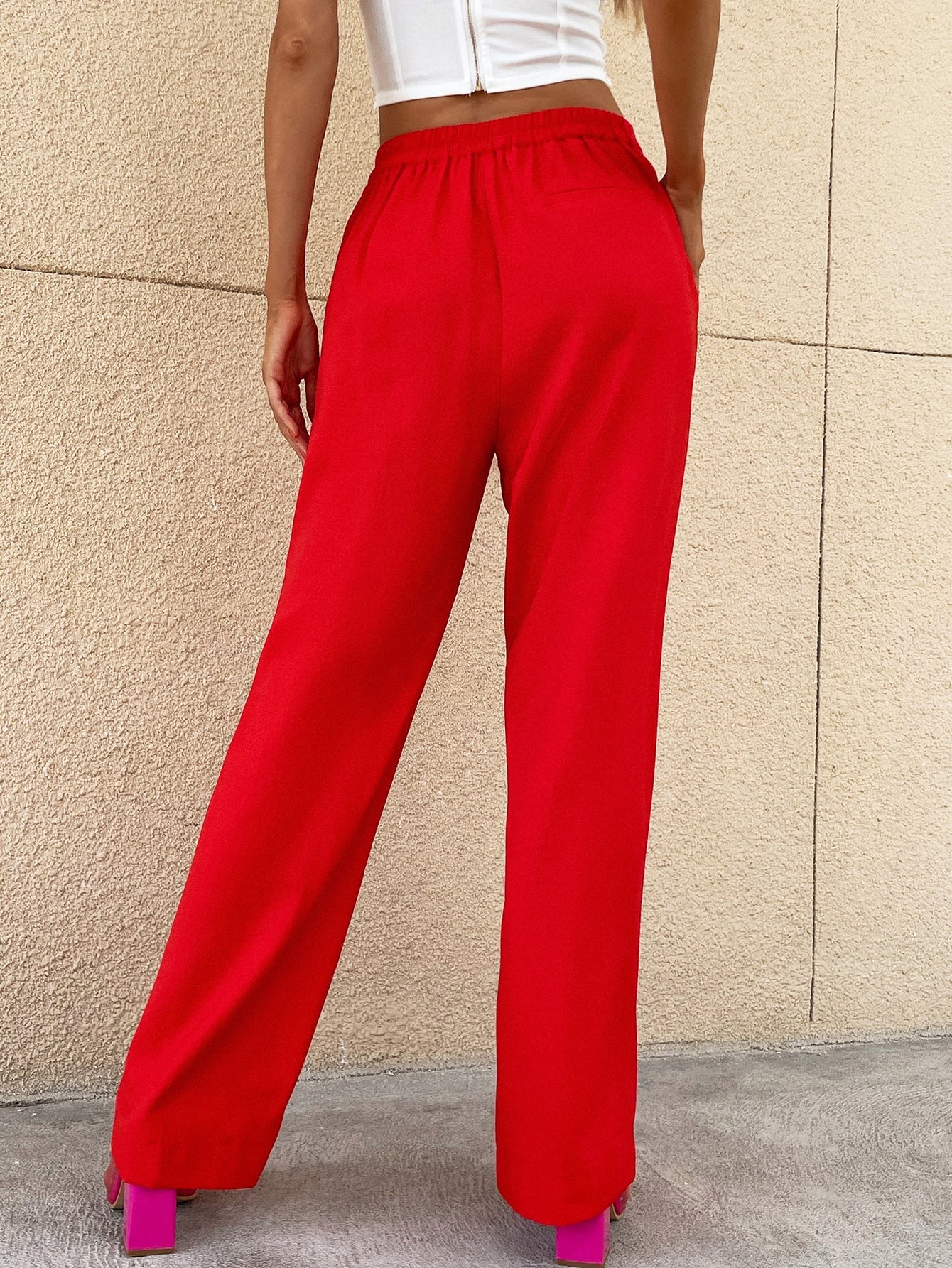 High Waist Solid Slant Pocket Pants