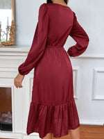 Lantern Sleeve Ruffle Hem Satin Dress