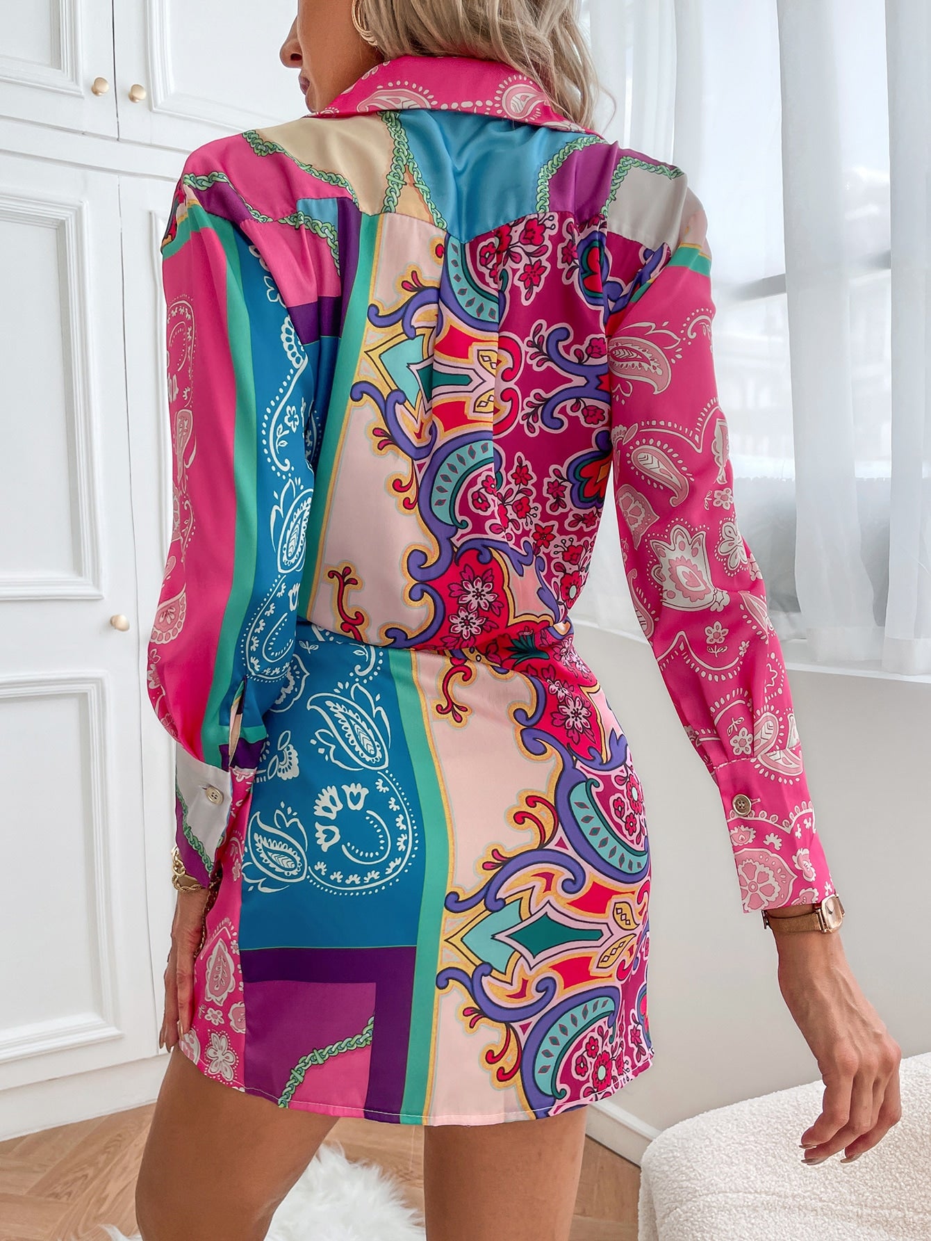 Paisley & Floral Print Wrap Knot Side Shirt Dress