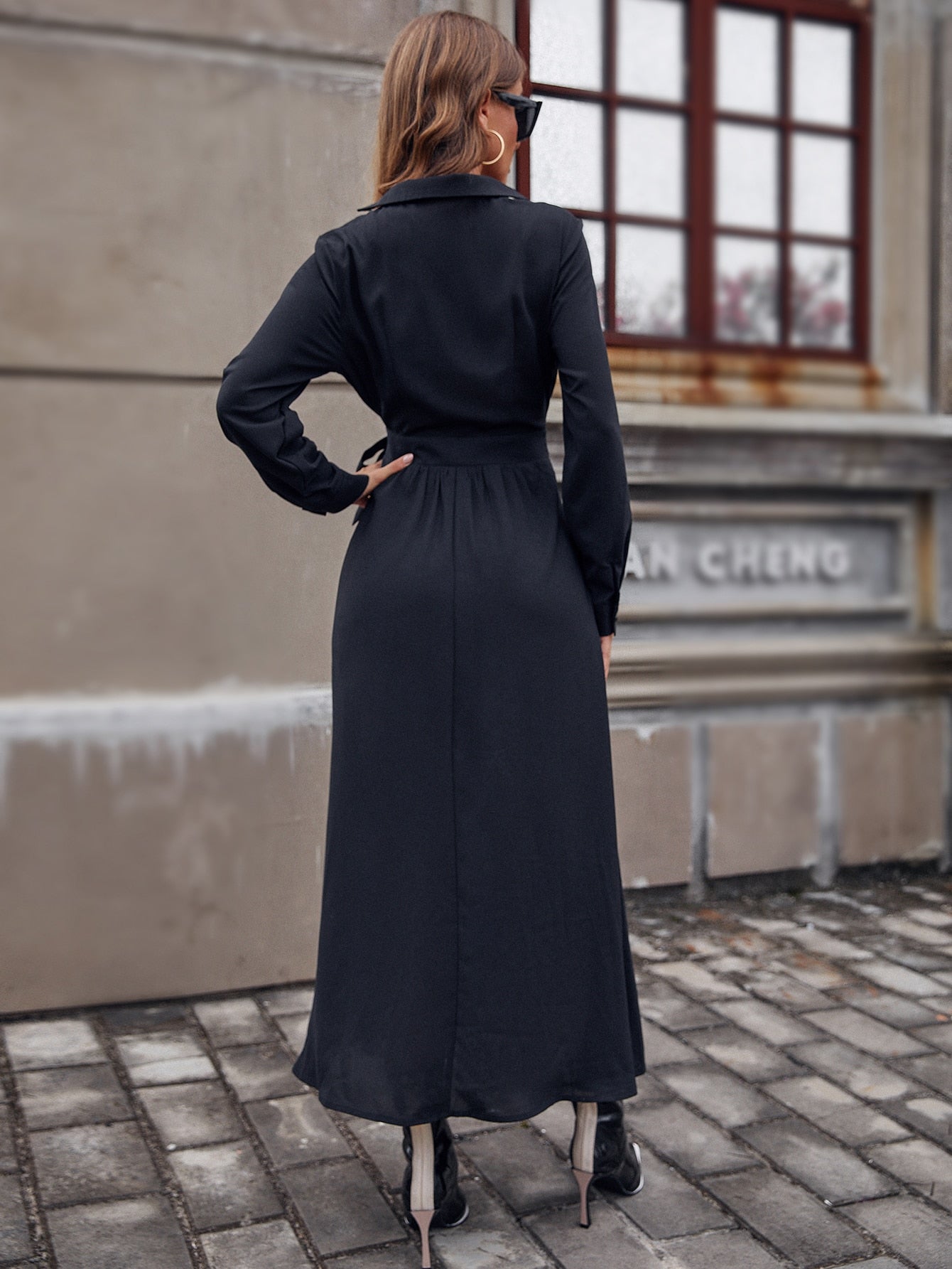 Overlap Collar High Waist Belted Dress
