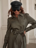 Pocket Front Blouson Sleeve Belted Shirt Dress