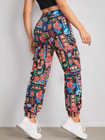 Fish & Chinese Letter Graphic High Waist Pants
