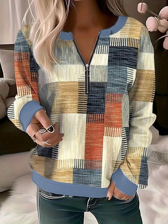 Loose Long Sleeve Crew Neck Plaid Casual Mid-Long Sweatshirt