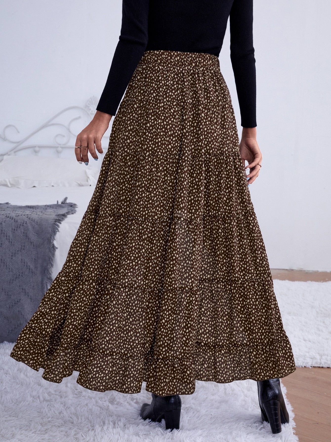 Dalmatian Print Ruffle Trim High Low Skirt Without Belt