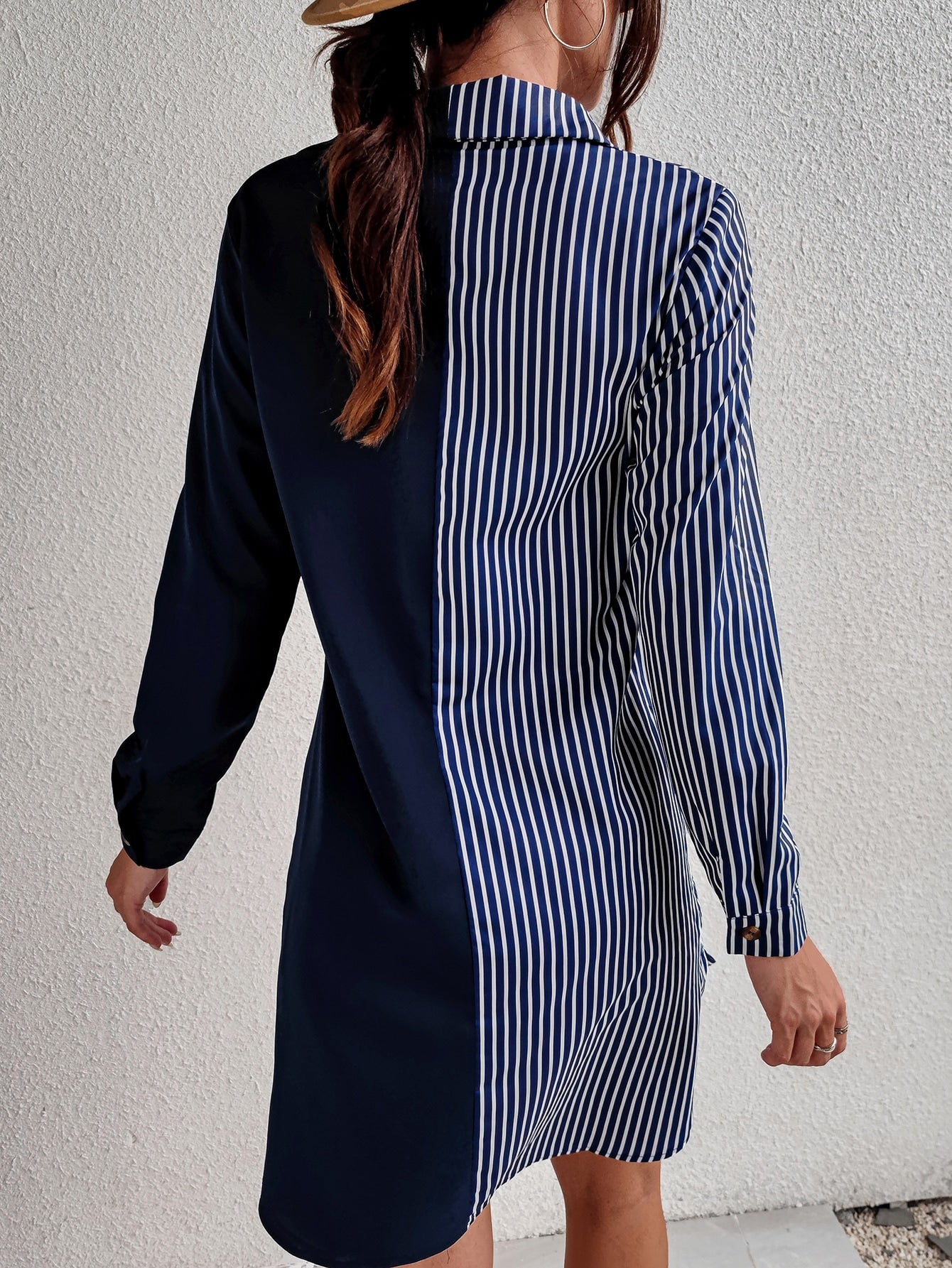Striped Print Colorblock Belted Shirt Dress