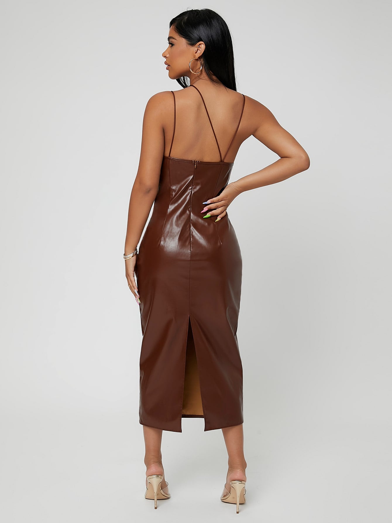 Strap Detail Slit Back PU Leather Cami Dress