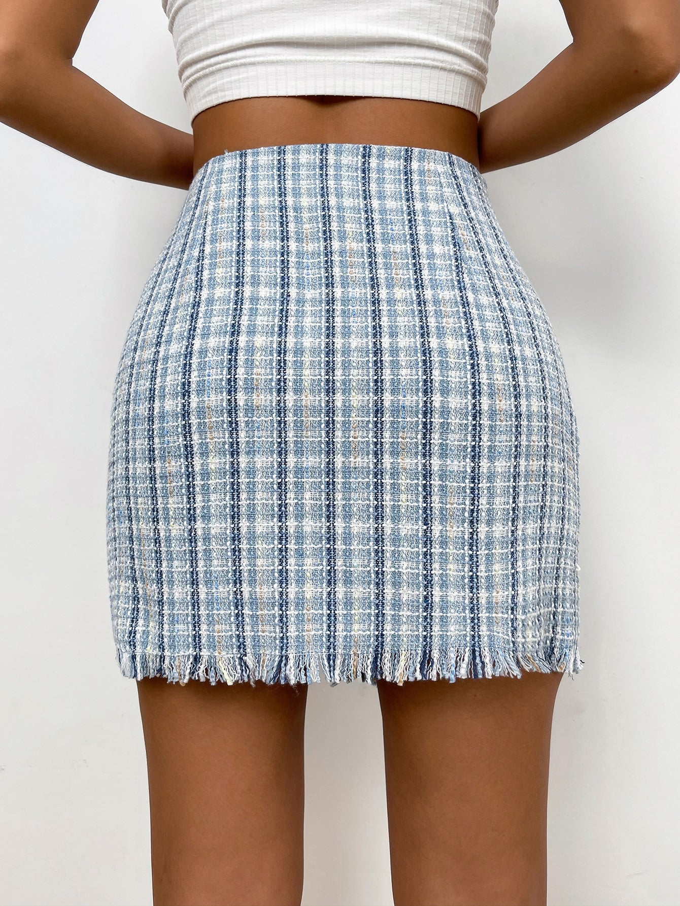 Plaid Pattern Double Breasted Raw Trim Tweed Asymmetrical Skirt