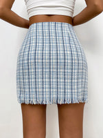 Plaid Pattern Double Breasted Raw Trim Tweed Asymmetrical Skirt