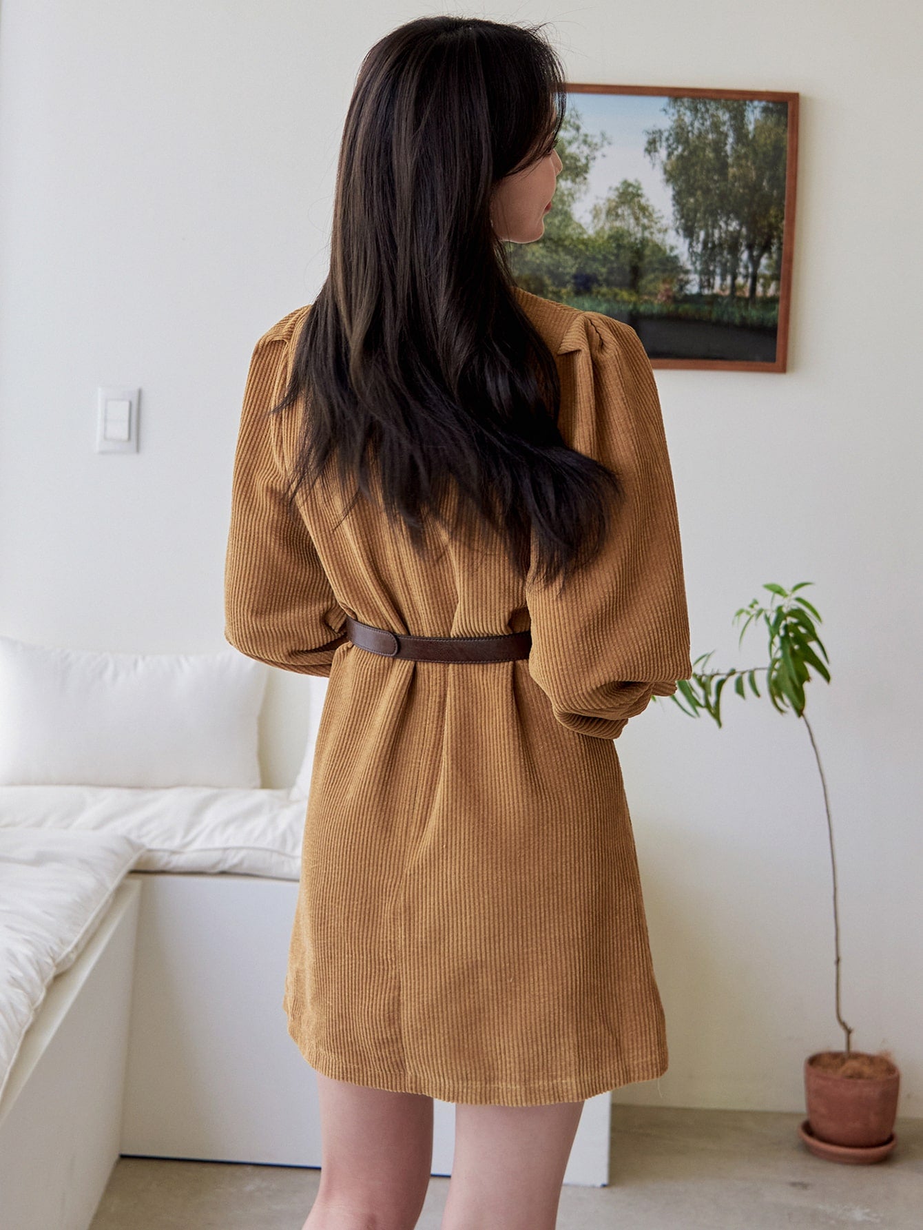 Lantern Sleeve Belted Corduroy Dress
