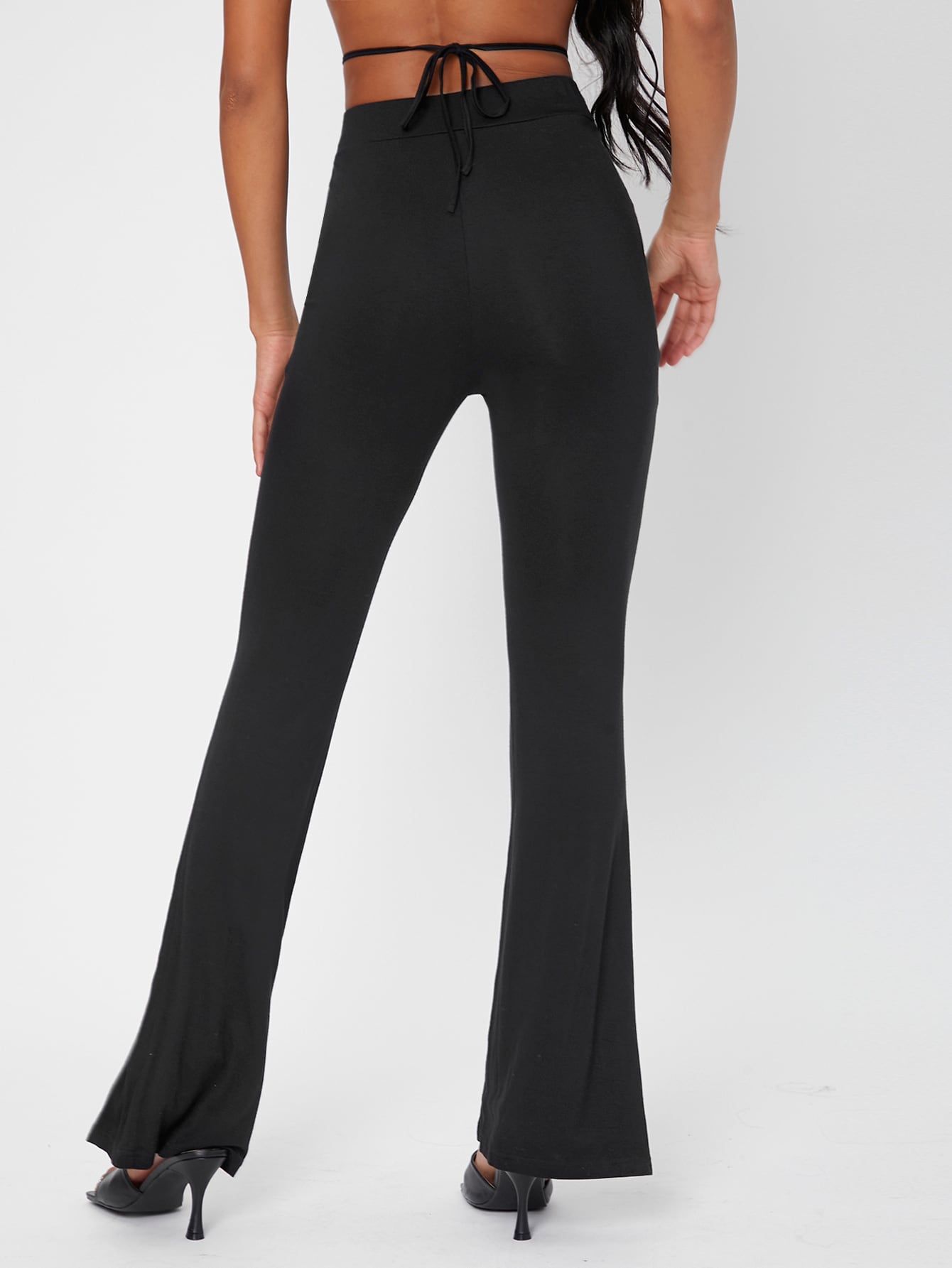 Solid Elastic Waist Criss Cross Tie Back Flare Leg Pants