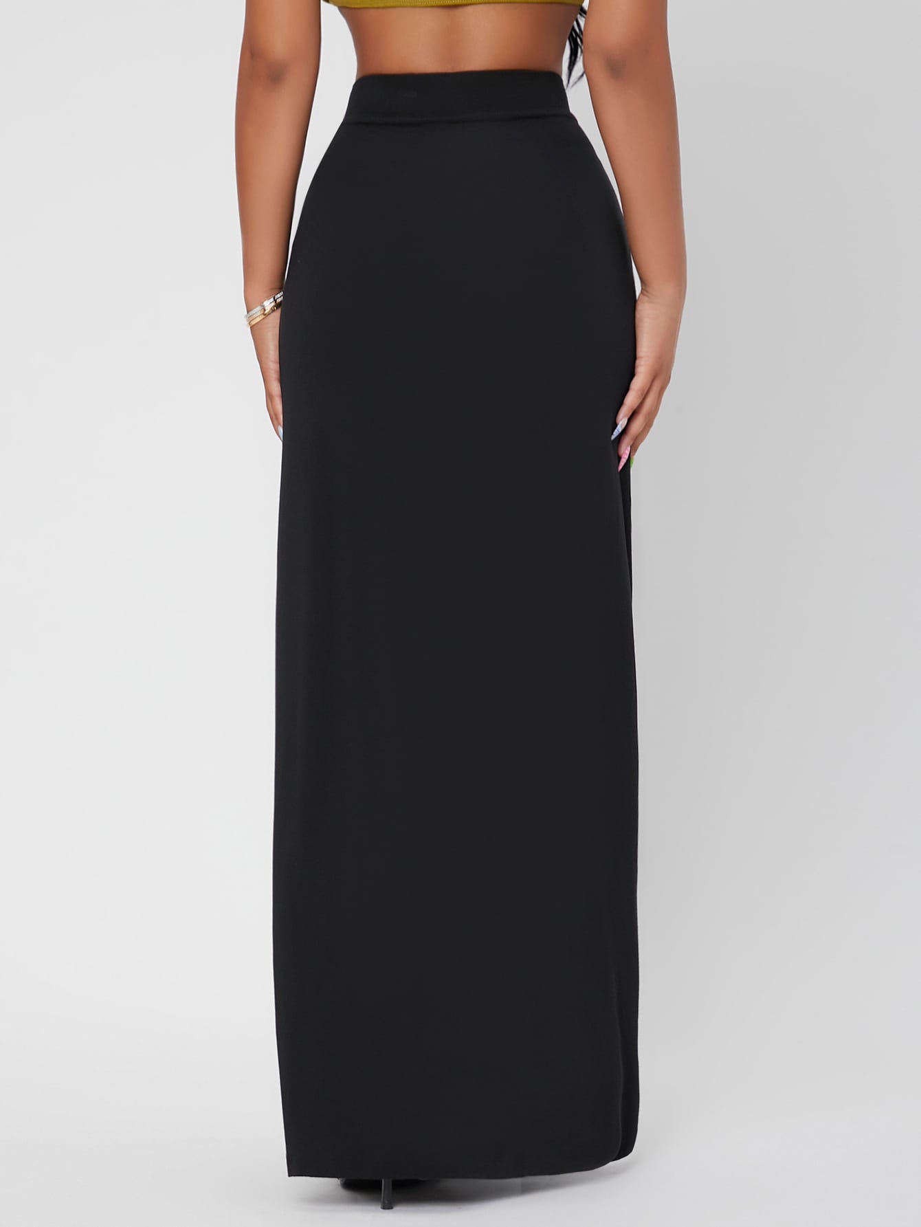 Solid High Waist Split Thigh Skirt