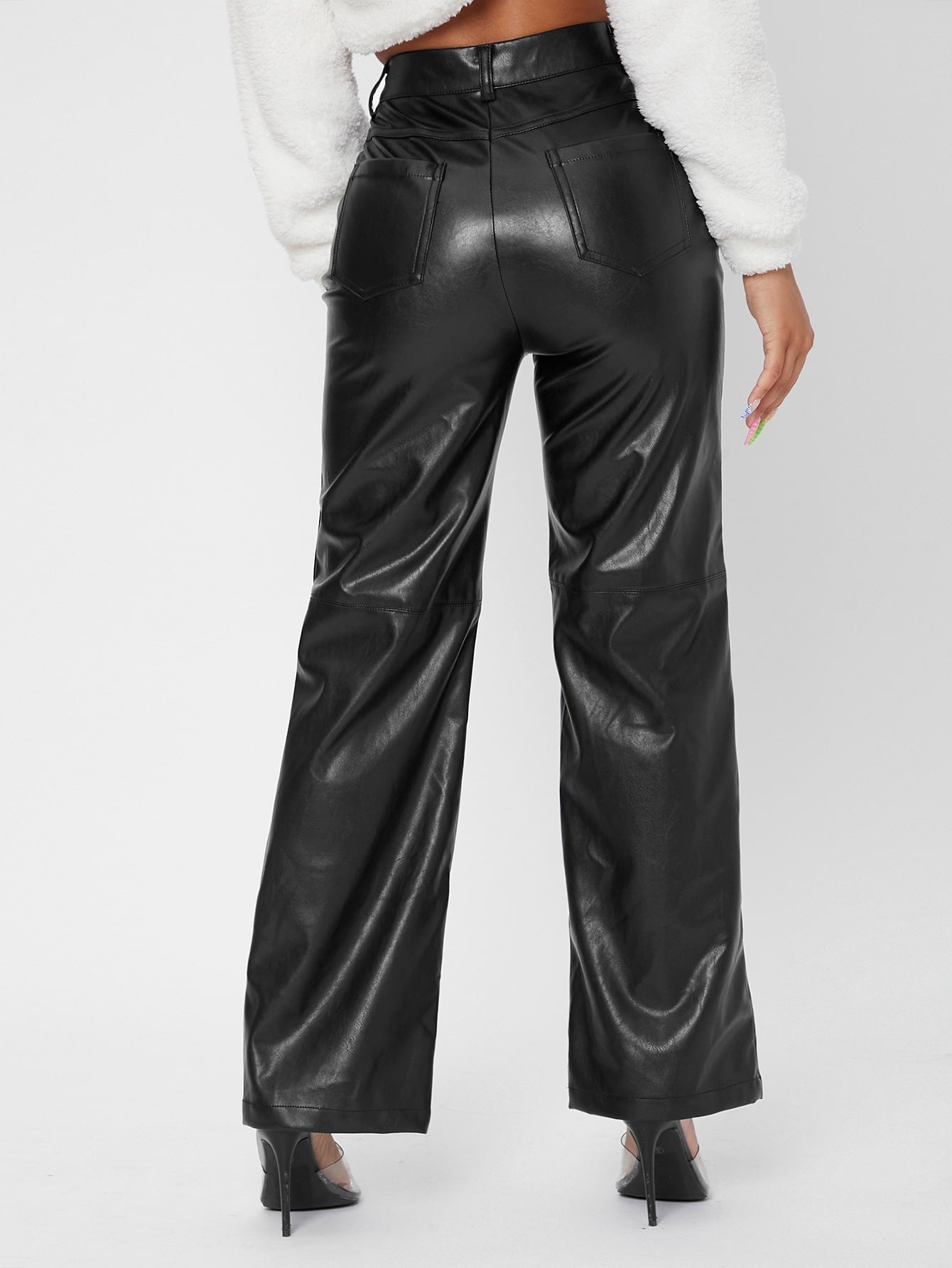 Solid High Waist Straight Leg PU Leather Pants