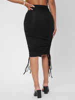 Solid Ruched Drawstring Knot Bodycon Skirt
