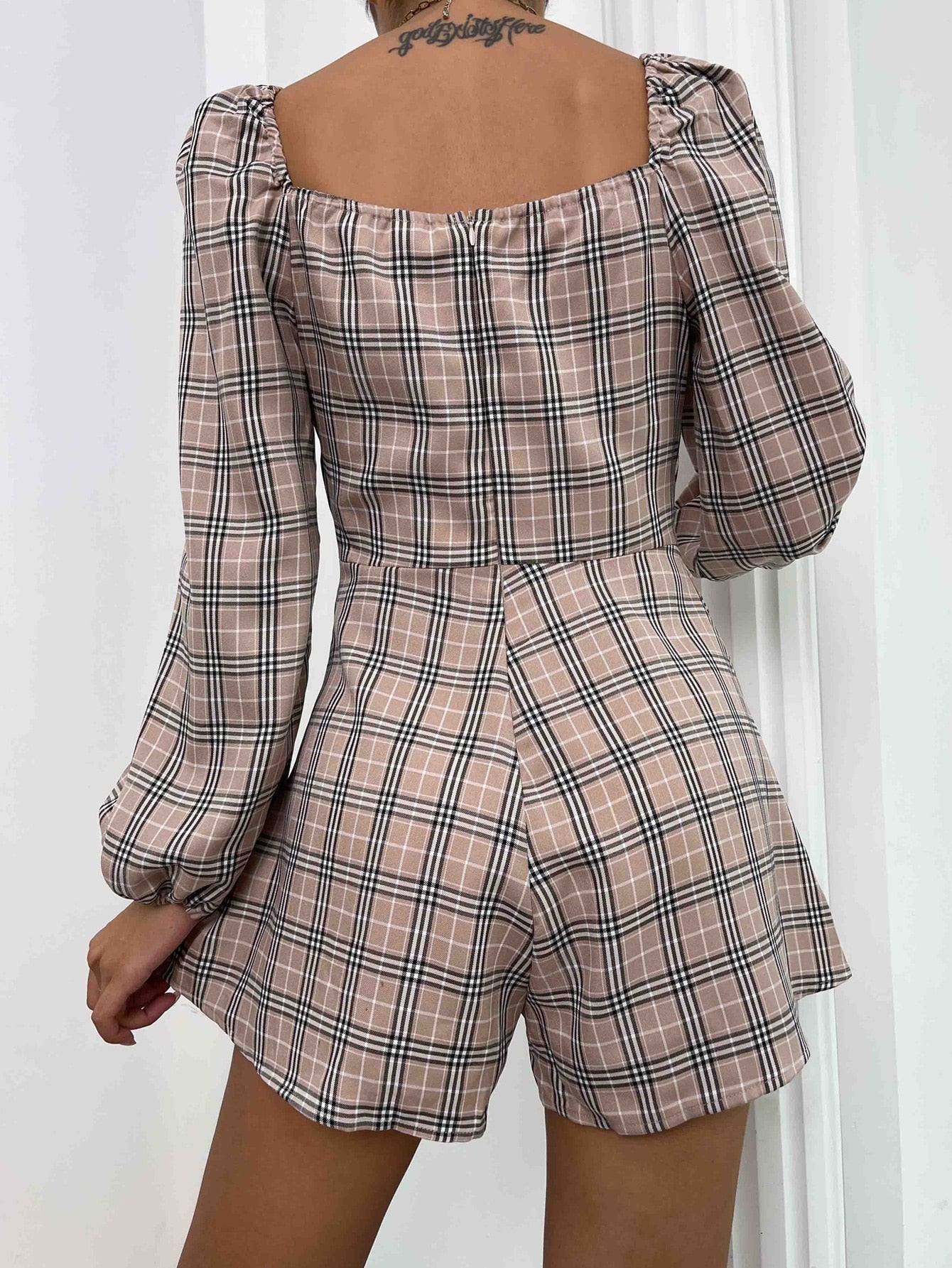 Plaid Print Lantern Sleeve Knot Front Romper