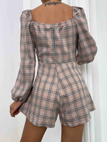 Plaid Print Lantern Sleeve Knot Front Romper