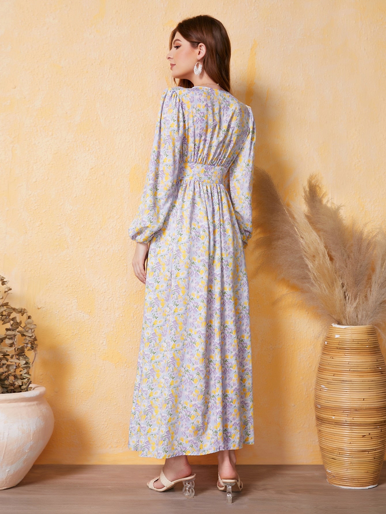 Plus Floral Print Bishop Sleeve Dress