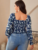 Plus Floral Print Shirred Lantern Sleeve Blouse