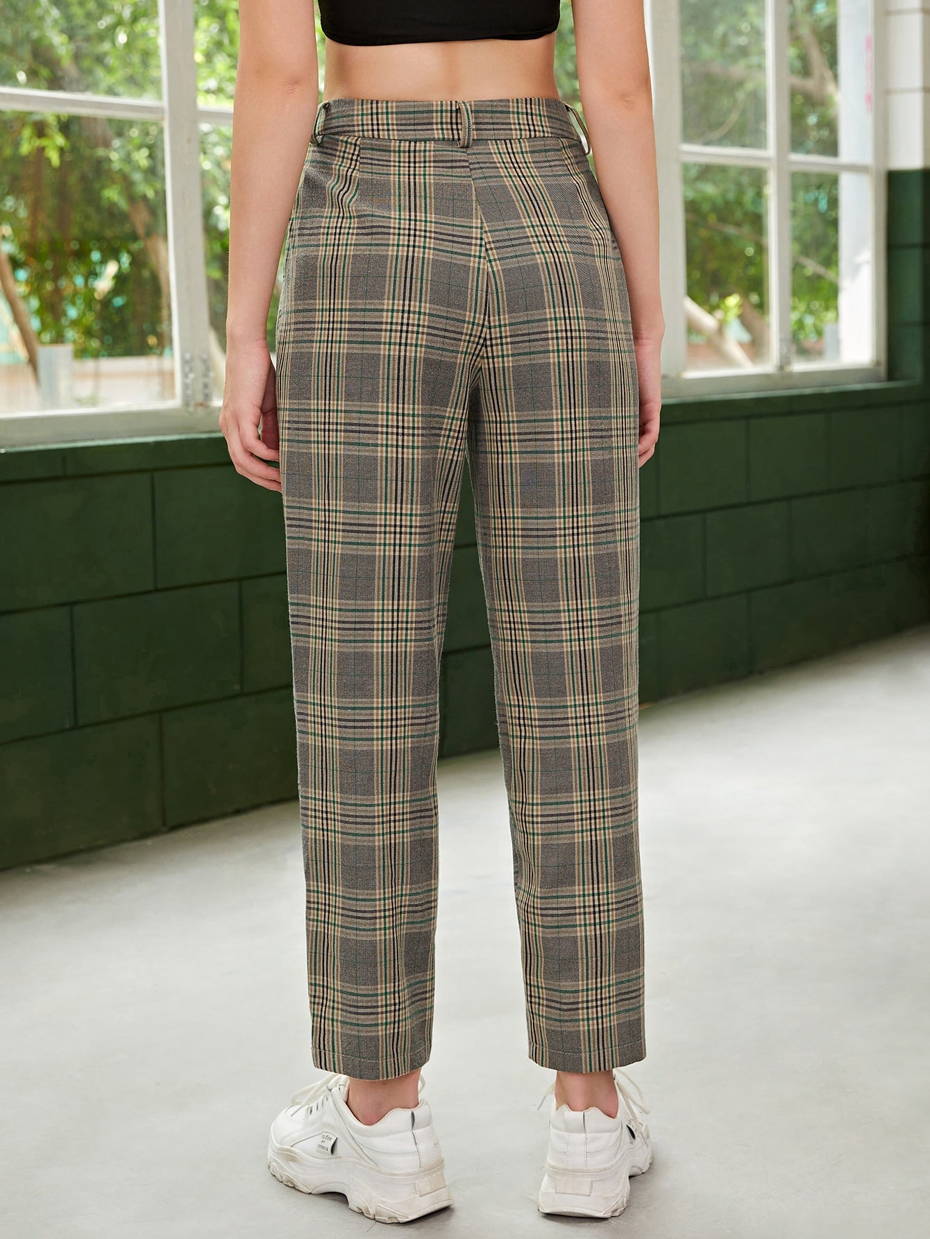High Waist Plaid Print Pants