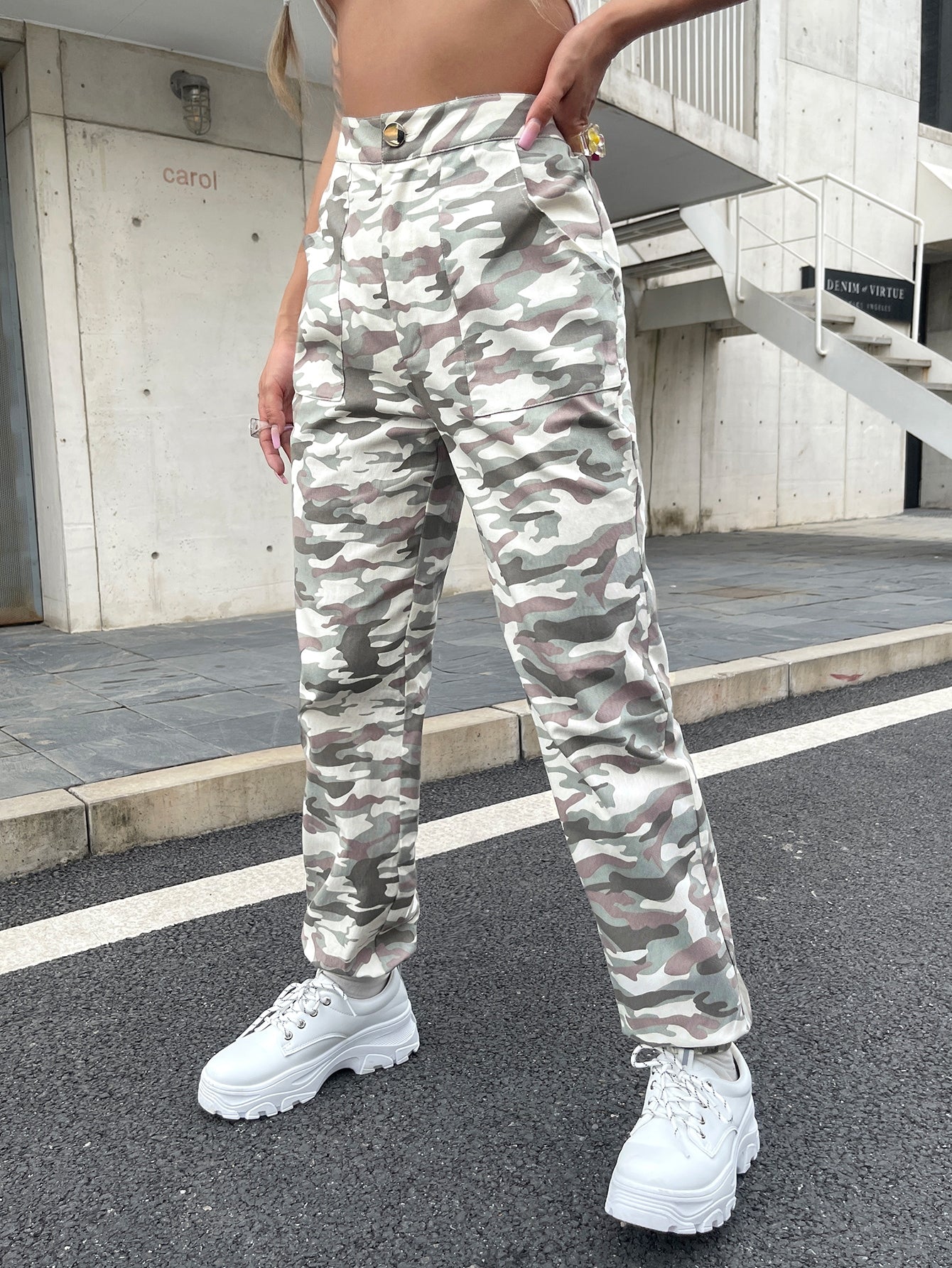 Camo Print Slant Pocket Pants
