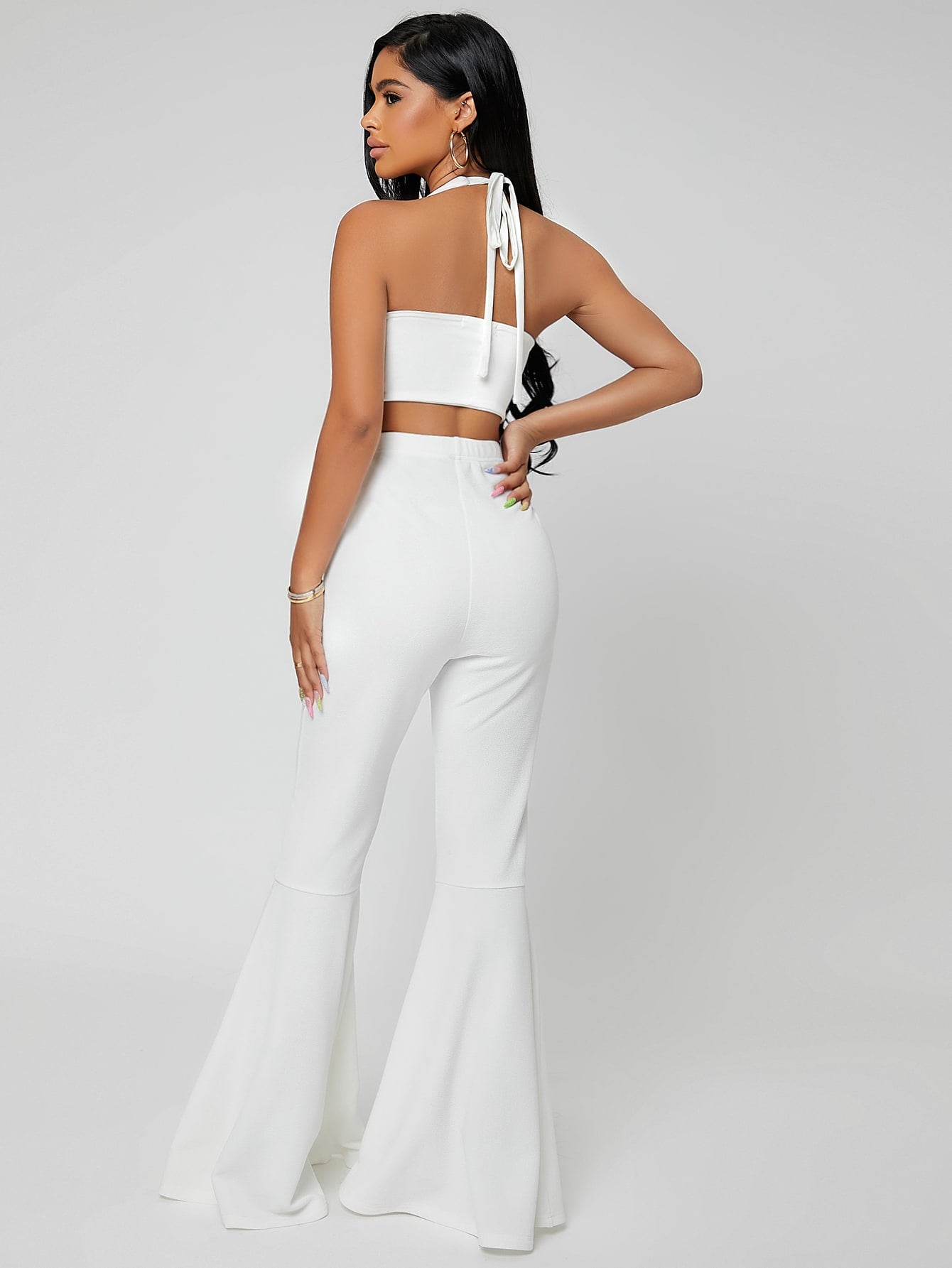 Solid Elastic Waist Flare Leg Pants